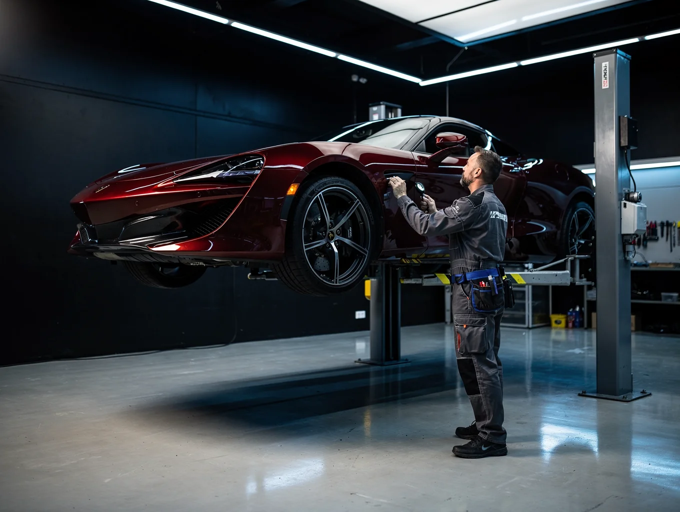 Vehicle elevated on heavy-duty hydraulic vehicle hoist for chassis inspection