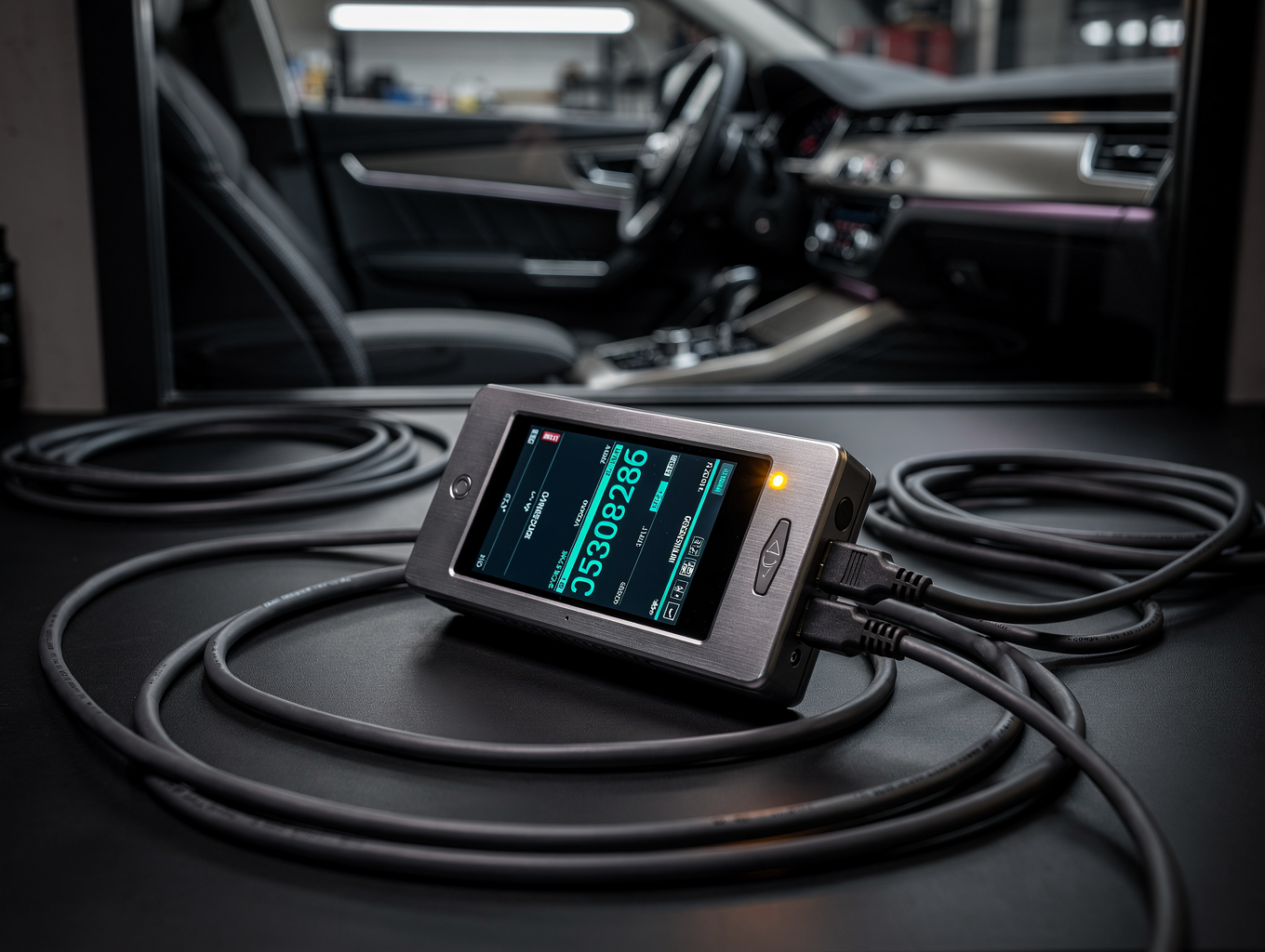 Close-up of a digital diagnostic computer connected to an engine control unit