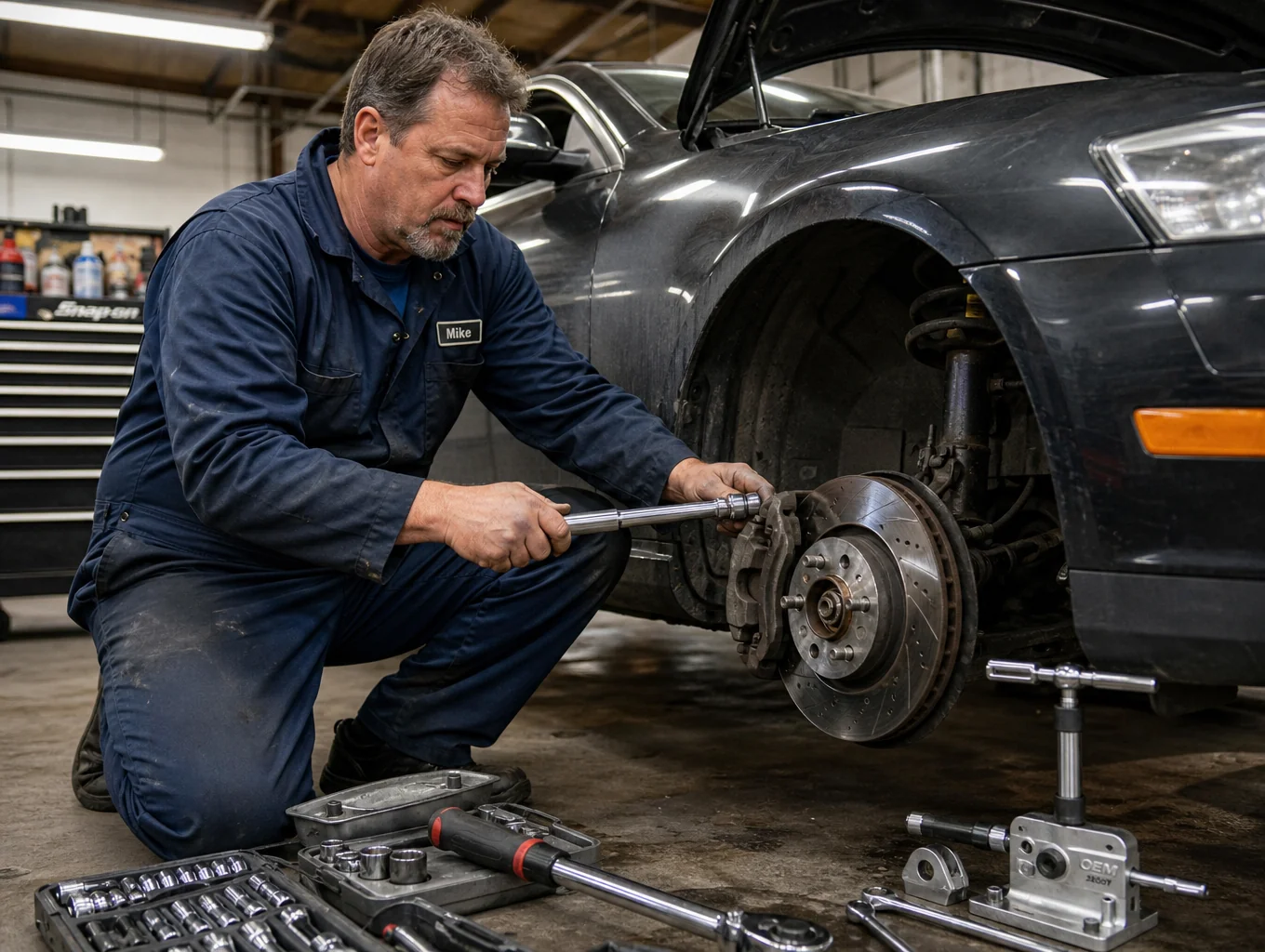 Auto mechanic precisely adjusting high-performance disc brakes on a vehicle