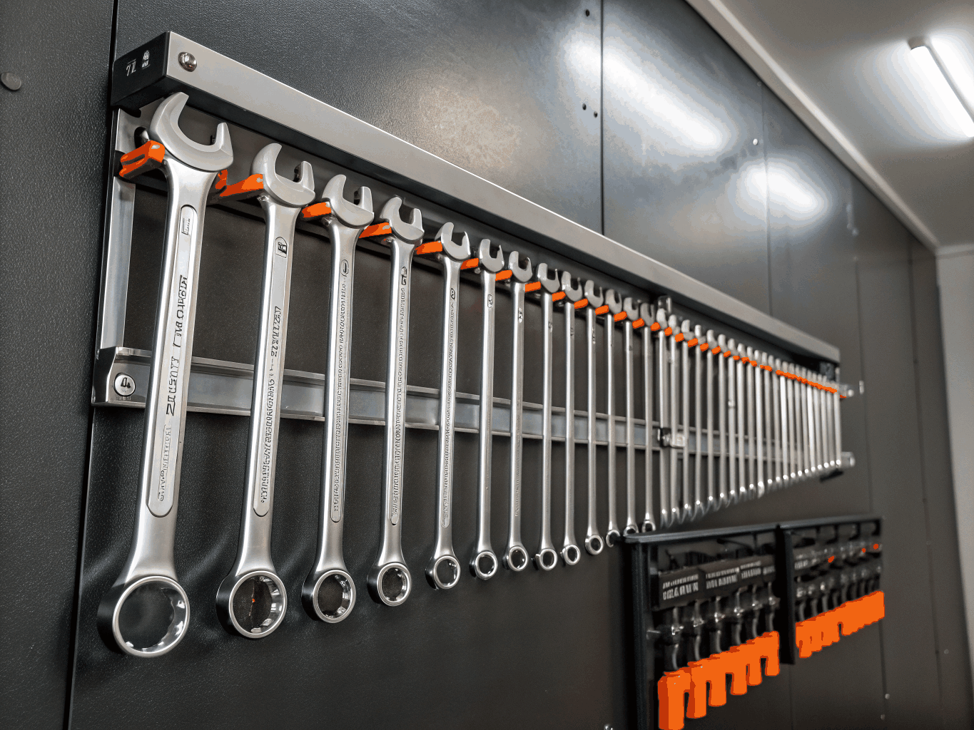 High-torque wrenches and hand tools organized cleanly on a custom workshop rack