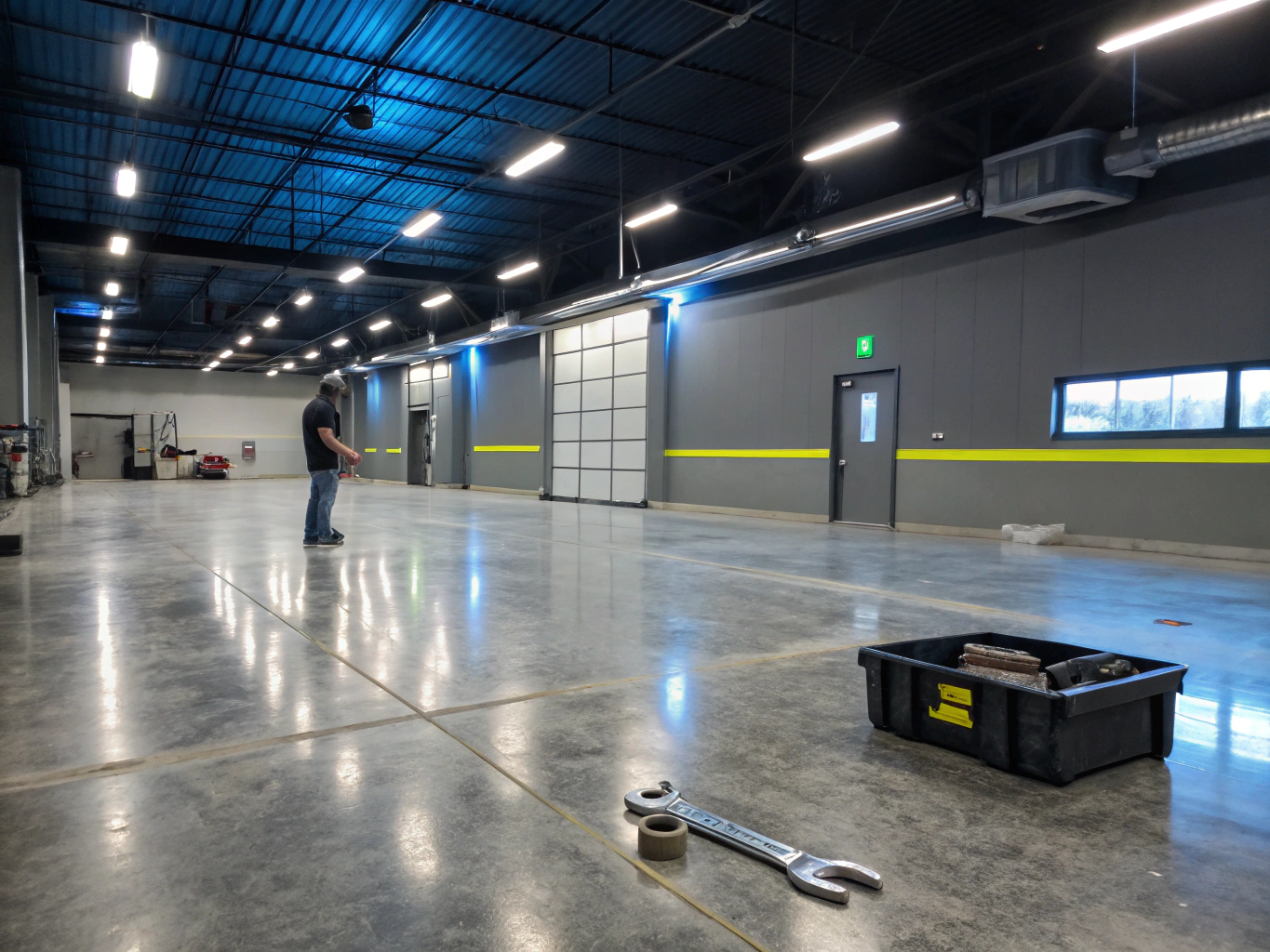 Polished workshop concrete floor and organized toolboxes in the evening