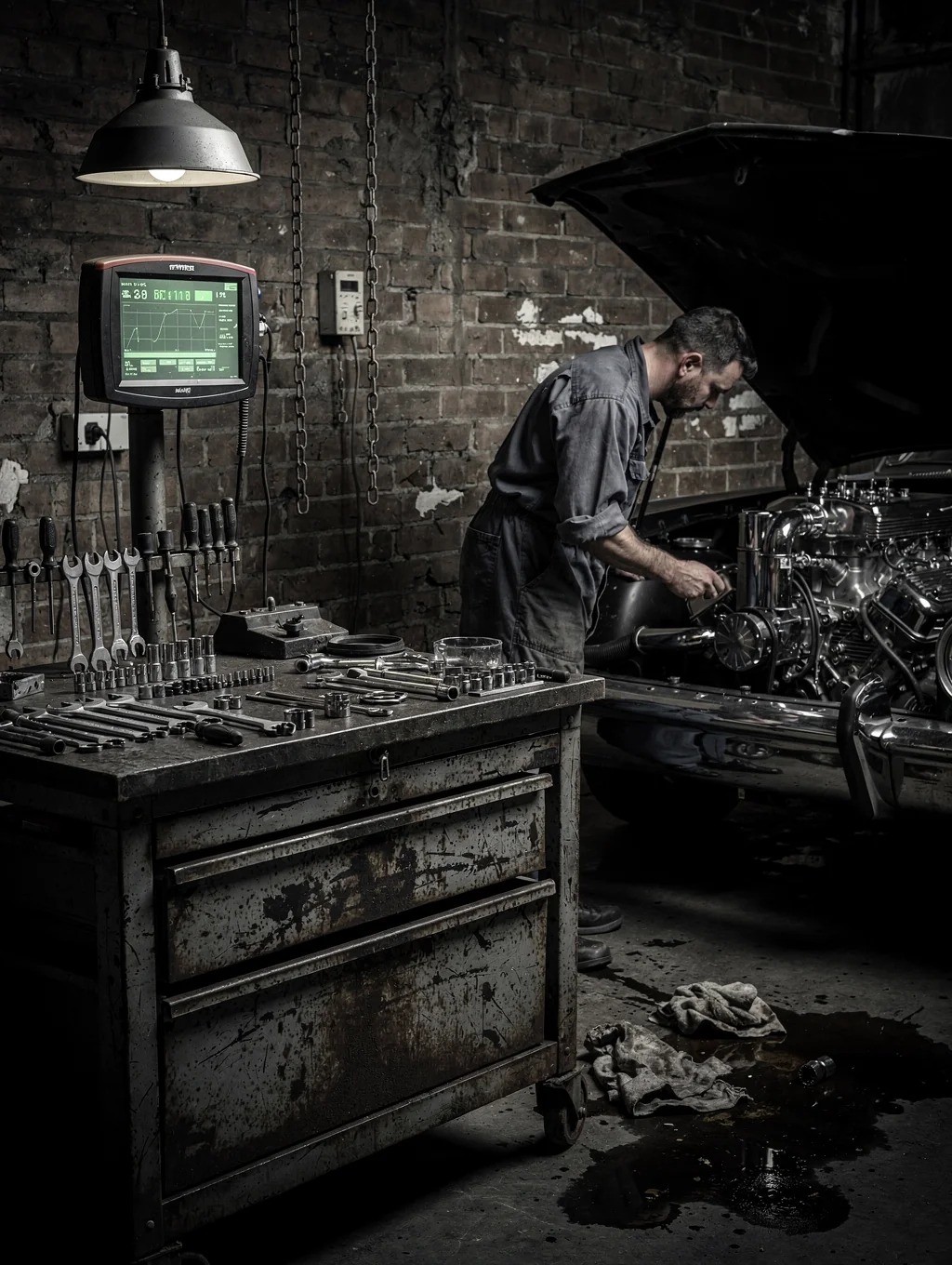 Mechanics diagnosing an engine in the workshop bay