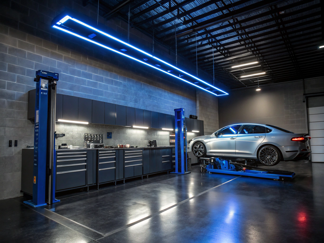 Modern automotive workshop bay with a vehicle on a hydraulic lift under task lighting